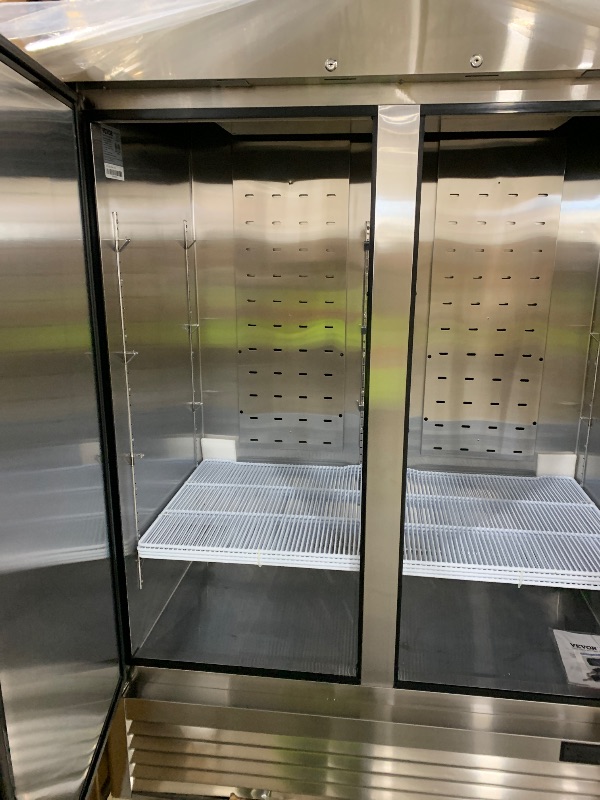 Photo 1 of VEVOR Commercial Refrigerator 44.21 Cu.ft, Reach In 54.4" W Upright Refrigerator 2 Doors, Auto-Defrost Stainless Steel Reach-in Refrigerator with 8 Shelves, 33 to 41? Temp Control, LED Light, 4 Wheels