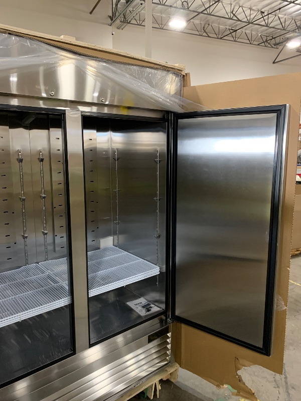 Photo 1 of VEVOR Commercial Refrigerator 44.21 Cu.ft, Reach In 54.4" W Upright Refrigerator 2 Doors, Auto-Defrost Stainless Steel Reach-in Refrigerator with 8 Shelves, 33 to 41? Temp Control, LED Light, 4 Wheels