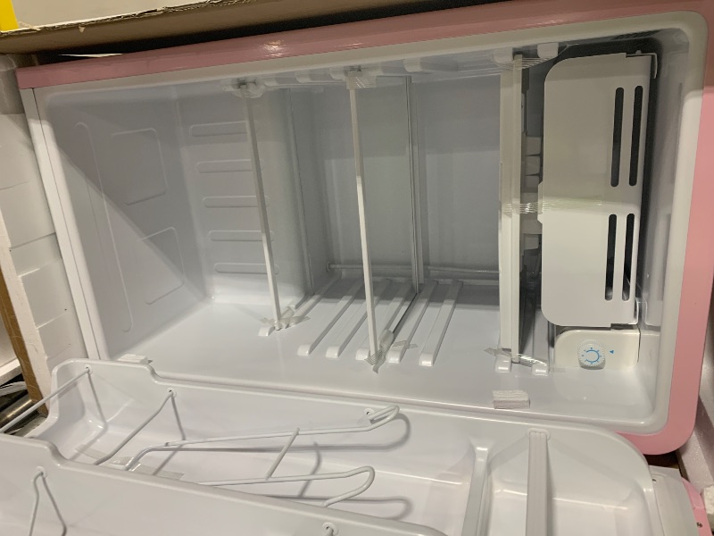 Photo 1 of SEALED - OPENED FOR PICTURES - Frigidaire Retro Compact Refrigerator with Chiller, 3.2 cu ft Countertop Fridge, Built-In Bottle Opener, Rounded Corners, Premium, for Office, Bedroom, Dorm Room, Cabin, 18.5D x 20W x 31.5H (Pink)