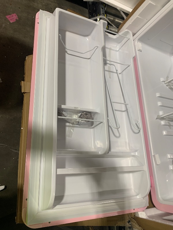 Photo 1 of SEALED - OPENED FOR PICTURES - Frigidaire Retro Compact Refrigerator with Chiller, 3.2 cu ft Countertop Fridge, Built-In Bottle Opener, Rounded Corners, Premium, for Office, Bedroom, Dorm Room, Cabin, 18.5D x 20W x 31.5H (Pink)