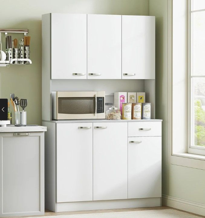 Photo 1 of BOX 1 OF 2 ONLY - HOMCOM 71" Freestanding Kitchen Buffet Hutch Cupboard with 6 Doors, 3 Adjustable Shelves, and 1 Drawer, White