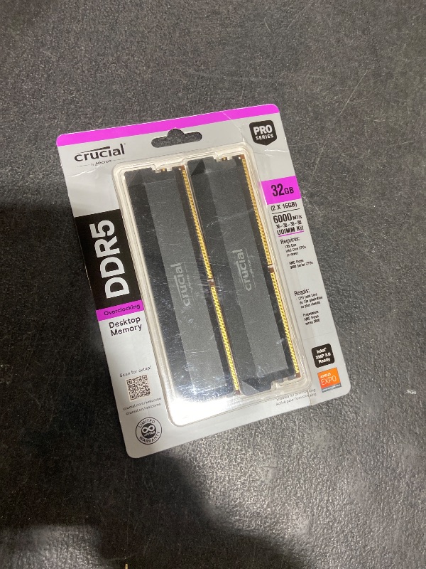 Photo 1 of Crucial Pro 32GB DDR5 RAM Kit (2x16GB),CL36 6000MHz, Overclocking Desktop Gaming Memory, Intel XMP 3.0 & AMD Expo Compatible, Black - CP2K16G60C36U5B