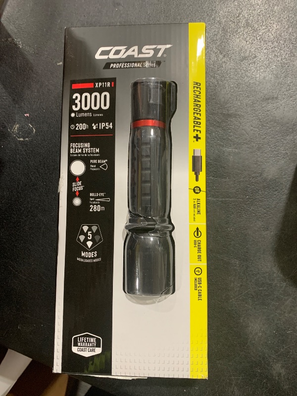 Photo 1 of COAST XP11R 3000 Lumen USB-C Rechargeable LED Flashlight with SLIDE FOCUS®?and PURE BEAM® Focusing Optic, 4 Light Modes, Black