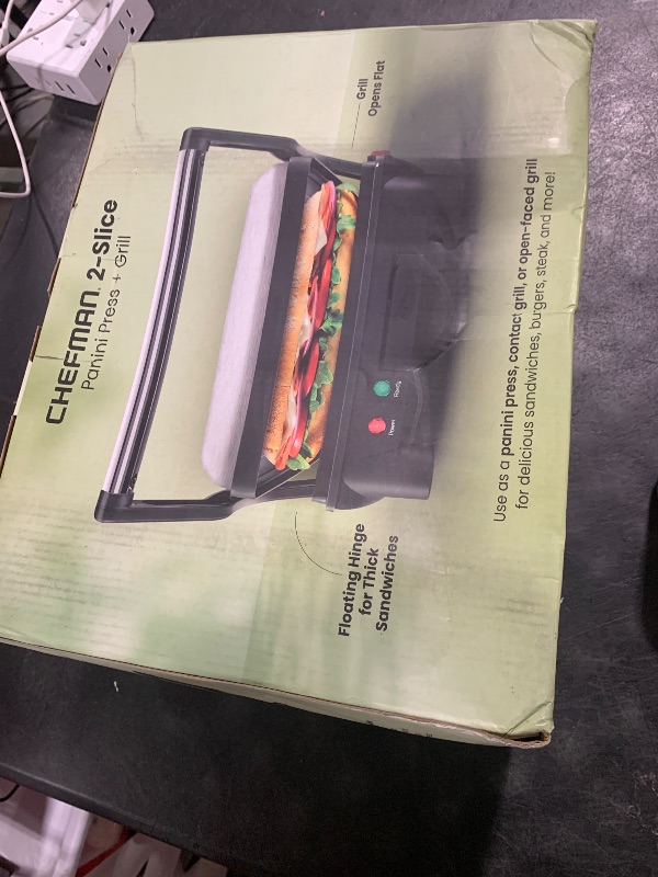 Photo 1 of Chefman Electric Panini Press Grill, Compact 2-Slice Sandwich Maker, Non-Stick Coated Plates, Opens 180 Degrees, Dishwasher Safe, Removable Drip Tray, Stainless Steel/Black