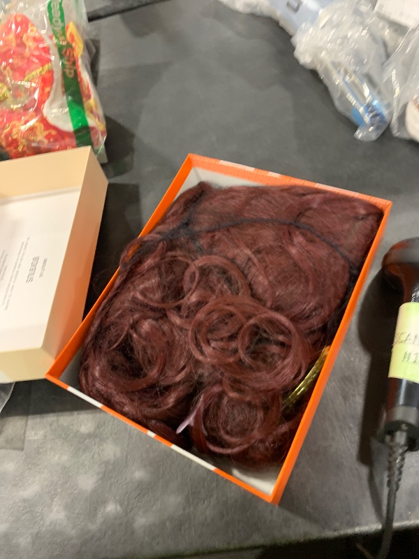 Photo 1 of GORGIUS Glueless Wavy Wig with Bangs Burgundy Synthetic Curtain Bang Wig with Realistic Scalp 22 Inch