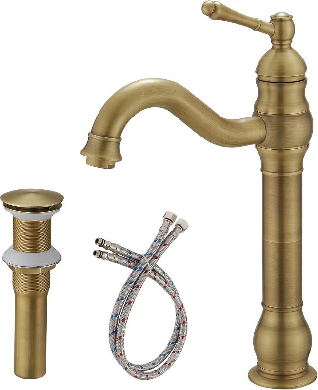 Photo 1 of Antique Brass Vessel Sink Faucet 360° Swivel for Bathroom Bowl Sink Single Hole Farmhouse Tall Commercial Vanity with Pop Up Drain Without Overflow Combo