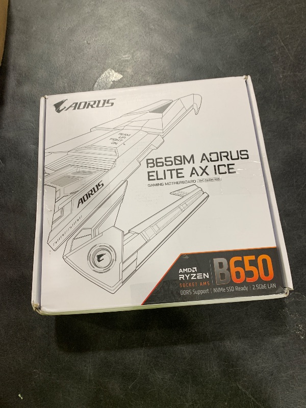 Photo 1 of GIGABTE B650M AORUS Elite AX ICE AMD AM5 mATX Motherboard, Support Ryzen 9000/8000/7000 Series, DDR5, 12+2+2 Power Phase, PCIe 5.0 M.2, USB-C 3.2 Gen 2, WIFI6E, 2.5 GbE, EZ-Latch, Q-Flash, RGB Fusion