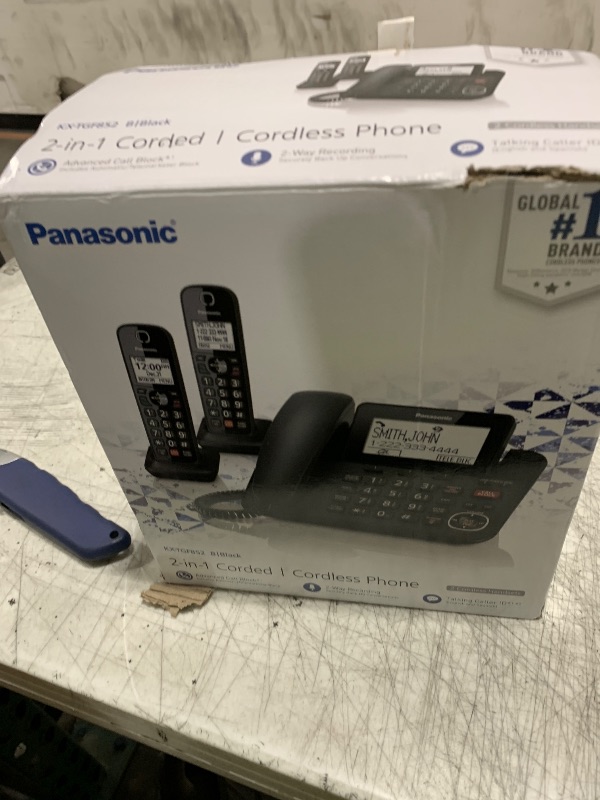 Photo 1 of Panasonic Corded Phone/Cordless Phone with Answering Machine, Advanced Call Block and 2-Way Recording, 2 Handsets Expandable up to 6 Cordless Handsets - KX-TGF852B (Black)