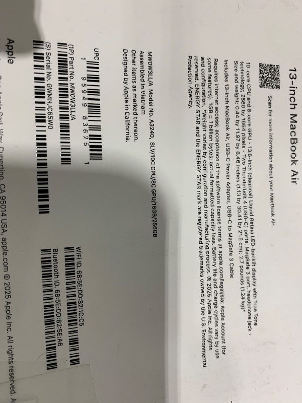 Photo 1 of Apple 2025 MacBook Air 13-inch Laptop with M4 chip: Built for Apple Intelligence, 13.6-inch Liquid Retina Display, 16GB Unified Memory, 256GB SSD Storage, 12MP Center Stage Camera, Touch ID; Silver