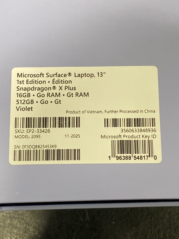 Photo 1 of Microsoft Surface Laptop (2025), Windows 11 Copilot+ PC, 13" Touchscreen Display, Snapdragon X Plus (8 core), 16GB RAM, 512GB SSD Storage, Violet