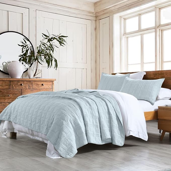 Photo 1 of HORIMOTE HOME 100% Cotton Quilt Set Queen Size, Baby Blue Pre-Washed 3-Piece Bedspread Coverlet Set, Cozy Lightweight Stitching Bedding Cover with 2 Shams in Geometric Pattern for All Season
