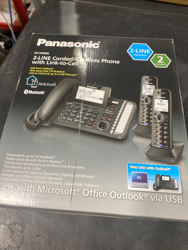 Photo 1 of Panasonic 2-Line Corded Phone/Cordless Phone System with 2 Handsets - Answering Machine, Link2Cell, 3-Way Conference, Call Block, Long Range DECT 6.0, Bluetooth - KX-TG9582B (Black)
