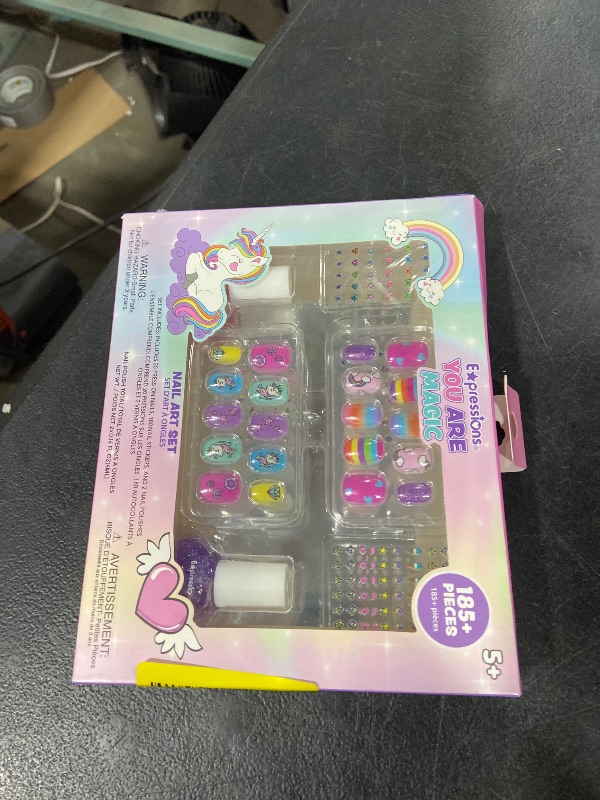 Photo 1 of "You Are Magic" Nail Art Set - 20 Press On Nails, 180 Nail Stickers, 2 Water Based Nail Polishes – Colorful Novelty Designs Stick On Fake Nails, Stickers, and Glitter Nail Polish For Kids