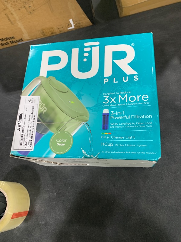 Photo 1 of PUR Plus 11-Cup Water Pitcher, 1 Lead-Reducing Filter, Cleaner, Great-Tasting Water, Dishwasher Safe, Powerful Filtration, Filter Change Light Indicator, LockFit Cap Design - Sage