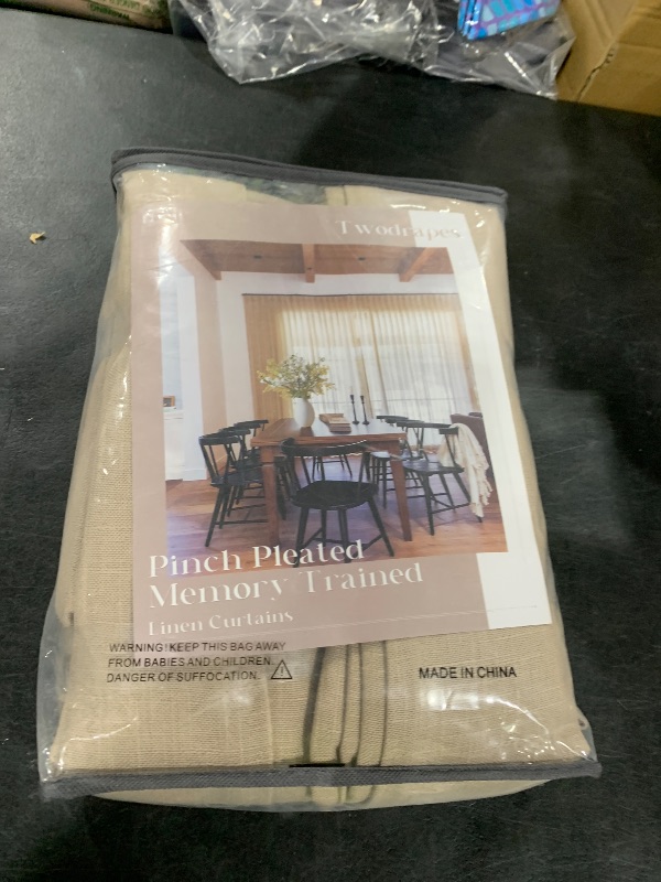 Photo 1 of Neutral Pinch Pleated 96 Inch Curtains 2 Panels Set for Windows Flax Linen Textured Drapes Pinch Pleat Back Tab Privacy Light Filtering Greige Curtain Drape with Hooks Rings for Living Room Bedroom