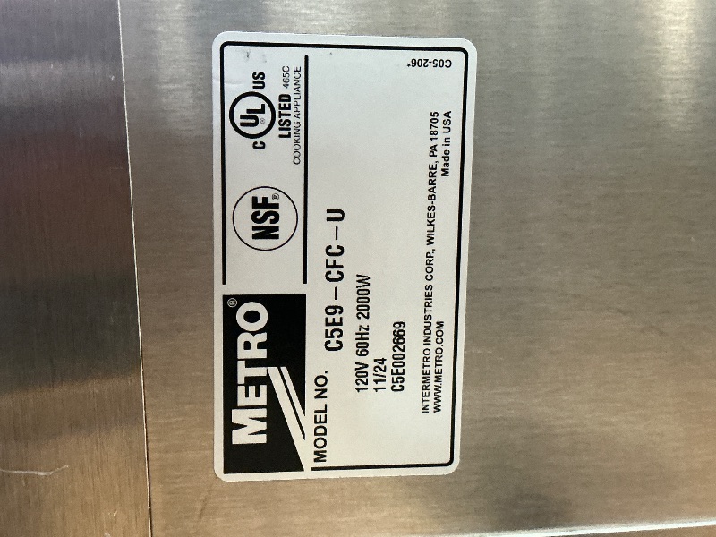 Photo 1 of ***UNABLE TO TEST DUR TO PLUG***
METRO C5 E-Series Non-Insulated Holding and Proofing Cabinet with Adjustable Universal Slides - 24 Food Pan Capacity - Full-Height, Easy-Open, Reversible Door - NSF and UL Listed