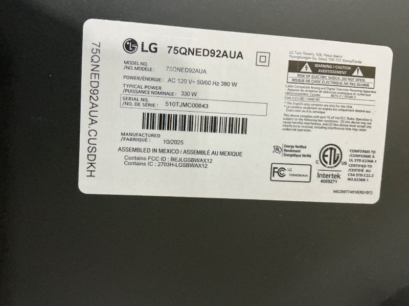 Photo 1 of **SCREEN IS BROKEN BUT STILL TURNS ON***LG 75-Inch Class QNED evo AI QNED92A Series Mini LED 4K Smart TV w/Dolby Atmos, Dolby Vision, HDR10, AI Super Upscaling 4K, Filmmaker Mode, Wow Orchestra, Alexa Built-in (75QNED92AUA, 2025)