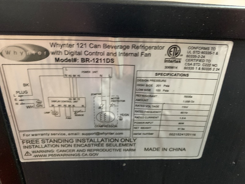 Photo 1 of ***DOES NOT POWER ON, PARTS ONLY**** Whynter Beverage Refrigerator with Double-Layer Glass Door, 136-Can 3.4 Cu. Ft. Drink Mini Fridge with Lock & Digital Control, BR-1211DS, Stainless Steel