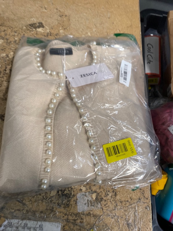 Photo 1 of ** FEW PEARLS MISSING**   ZESICA Women's Open Front Cardigan Sweater 2026 Spring Casual Knitted Long Sleeve Pearls Trim Outerwear Coat Trendy Clothes Apricot Medium