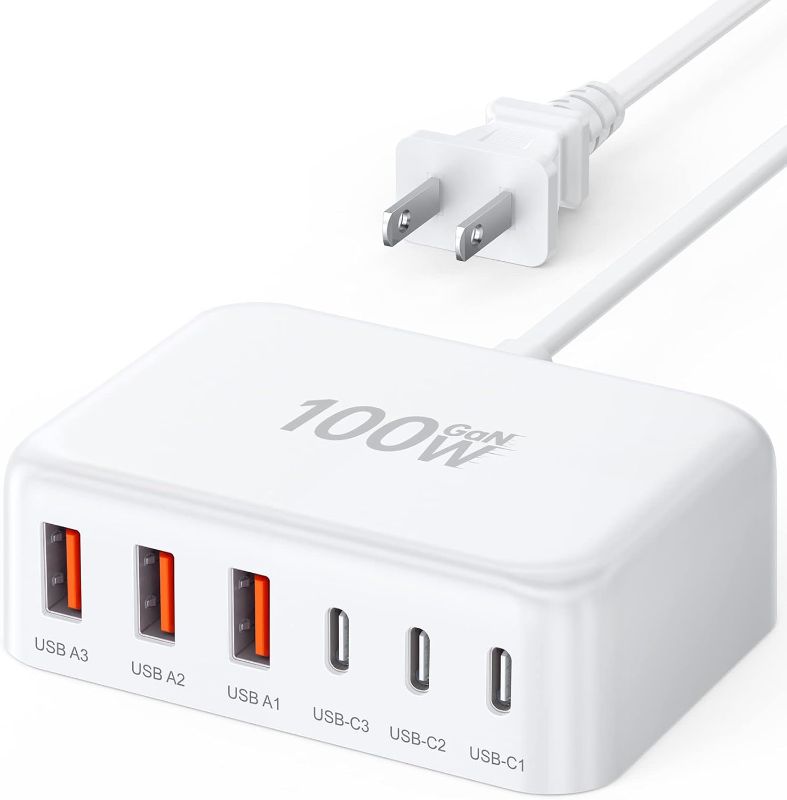 Photo 1 of **Pic for reference** USB C Fast Charger, 100W GaN 6 Port Type C Charging Station Hub Block Cube, USB C Wall Charger Power Strip Adapter