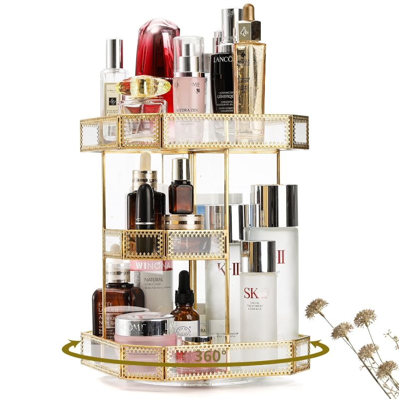 Photo 1 of ****CHECK COMMENTS***.   360 Degree Rotating Glass Makeup Organizer, Large Cosmetics Storage Display Holder with Gold Trim for Vanity, Clear Makeup Carousel for Perfume etc....