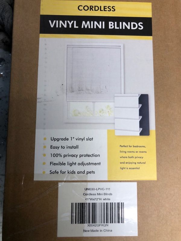 Photo 1 of ***FACTORY SEALED***LazBlinds No Tools No Drill 1" Vinyl Mini Blinds, Cordless Blinds for Windows, Light Filtering Horizontal Window Blinds & Shades, 41" W x 48" H, white