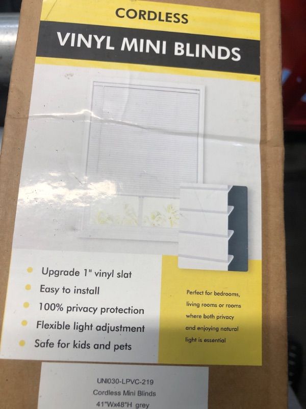 Photo 1 of ***FACTORY SEALED***LazBlinds No Tools No Drill 1" Vinyl Mini Blinds, Cordless Blinds for Windows, Light Filtering Horizontal Window Blinds & Shades, 41" W x 48" H, Grey