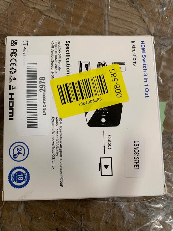 Photo 1 of [Upgrade] HDMI Switch 3 in 1 Out, 4K@60Hz HDMI 2.0 Switch Splitter with 2.6FT Long HDMI Cable, 3-Port HDMI Switcher Selector, Supports 4K 30Hz 3D 1080P HDCP2.2 for PS5 Xbox DVD Player Fire Stick PC