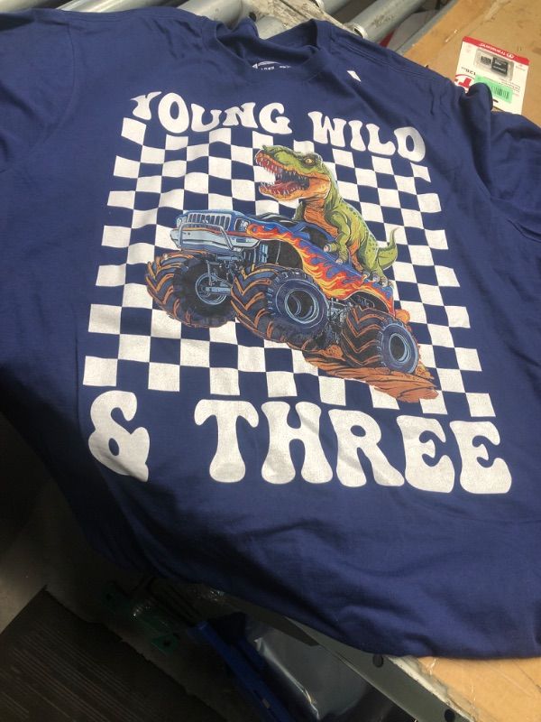 Photo 1 of ***STOCK PHOTO FOR REFERENCE ONLY, NAVY BLUE***3rd Birthday Boy Young Wild and Three Monster Truck Dinosaur T-Shirt MEN'S 2XLT