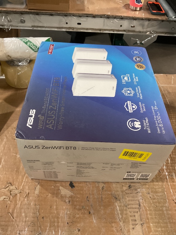Photo 1 of ***MISSING 1 MESH***
ASUS ZenWiFi BT8 (3-Pack) Tri-Band WiFi 7 Mesh, 14 Gbps, 8850 sq.ft, Dual 2.5G Ports, Security and Parental Controls Included, Smart Home Master SSIDs, 4G & 5G Mobile Tethering