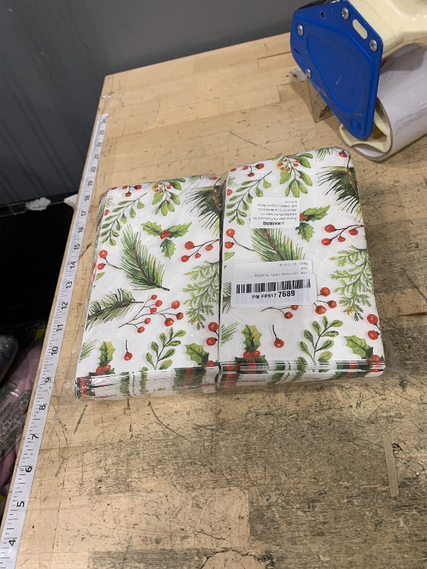 Photo 1 of 100 Christmas Paper Napkins Xmas Pine Branch Red Berries Disposable Guest Napkins Red Green Winter Greenery Leaves Party Hand Towels for Holiday New Year Christmas Party Supplies