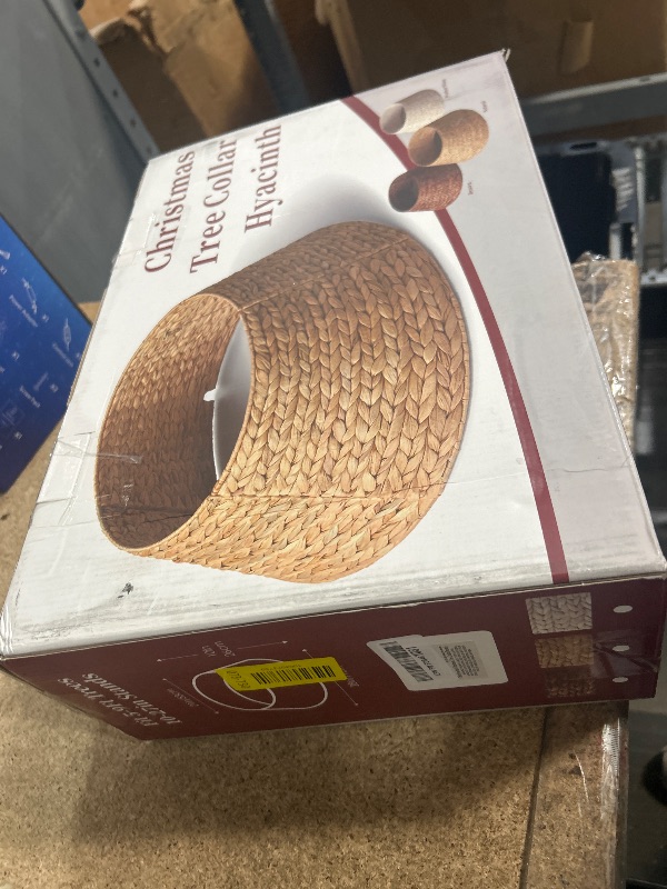 Photo 1 of 28in Christmas Tree Collar - Woven Hyacinth Tree Collars for Artificial Trees - Rattan Rustic Farmhouse Basket for Tree Base Cover with Cord Cut-Out for 6ft 7.5ft Tree (Brown)