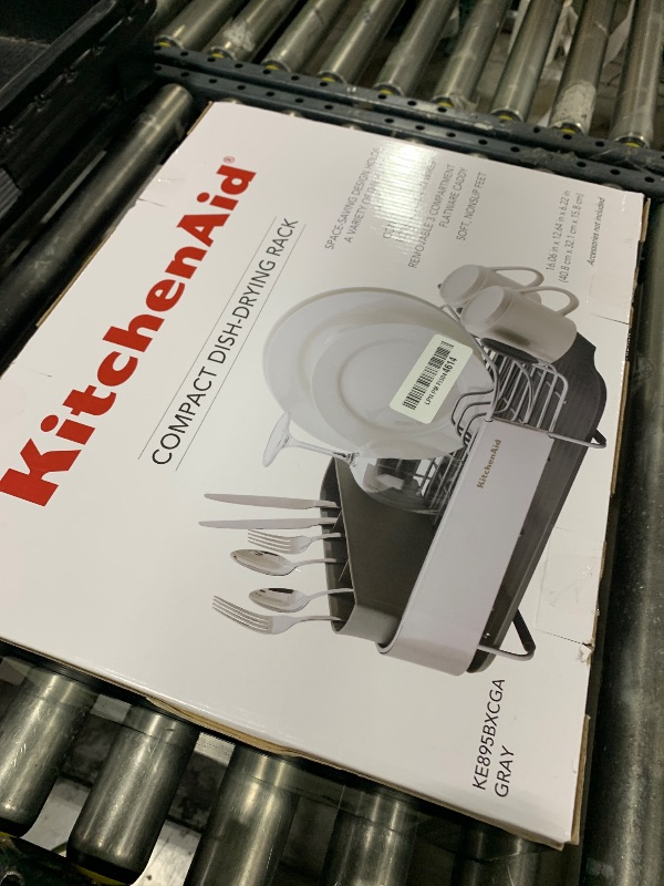 Photo 1 of KitchenAid Compact, Space Saving Rust Resistant Dish Rack, with Angled Self Draining Drain Board and Removable Flatware Caddy, 16.06-Inch, Gray
