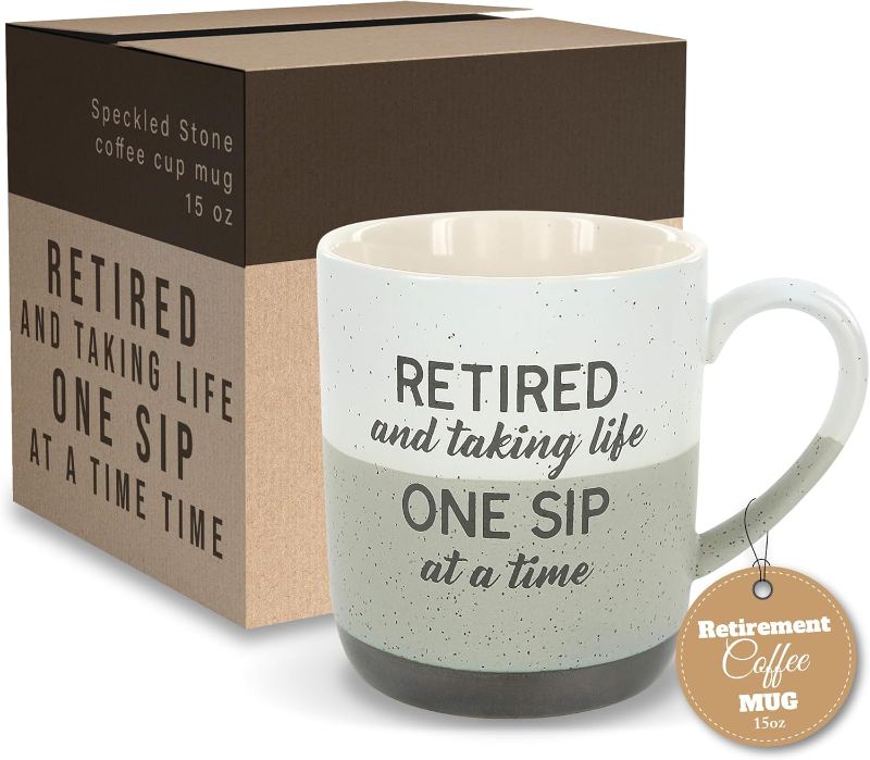 Photo 1 of
Pavilion Retirement Coffee Mug - "Retired & Taking Life One Sip at a Time" Text Design - Speckled Stoneware Coffee Cup for Retirees, Microwave & Dishwasher Safe, Beige w/ Bronze Metallic Bottom, 15 oz