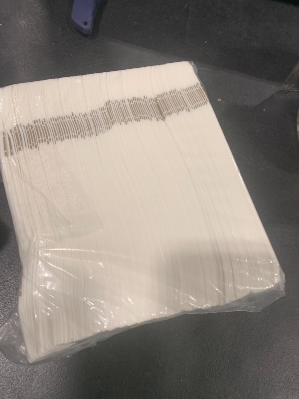 Photo 1 of 100 Pack Disposable Dinner Napkins, White with Gold Trim Linen Feel Paper Napkins, Pre-Folded with Built-in Flatware Pocket for Wedding Party Kitchen