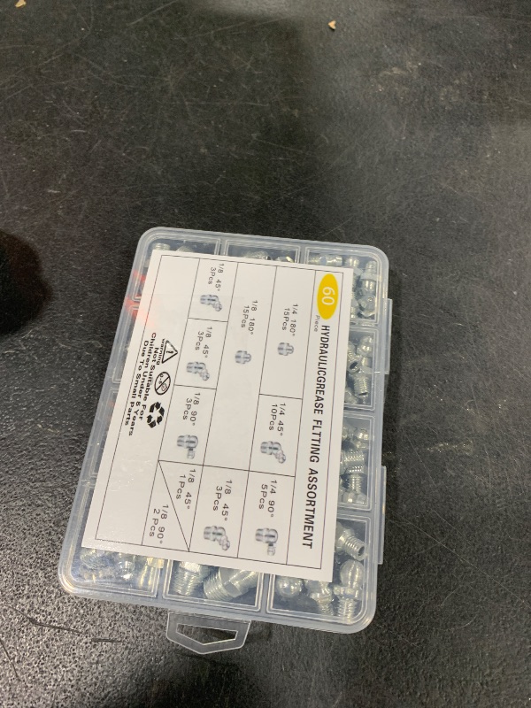 Photo 1 of 60Pcs Grease Fittings Kit, 1/4 & 1/8 Inch BSP Grease Zerk Fittings Assortment with 90 Degree, 45 Degree, and Straight Angle for Automotive, Tractors, and Industrial Machinery