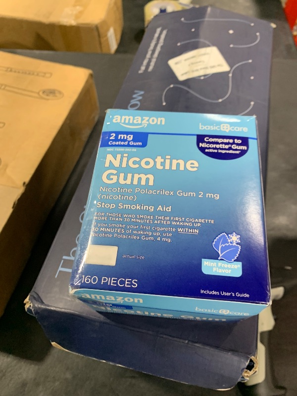 Photo 1 of *USED/INCOMPLETE** Amazon Basic Care Coated Nicotine Gum 2 mg, Ice Mint Flavor, Stop Smoking Aid, Relieves Nicotine Cravings to Help You Quit Smoking Cigarettes, 160 Count