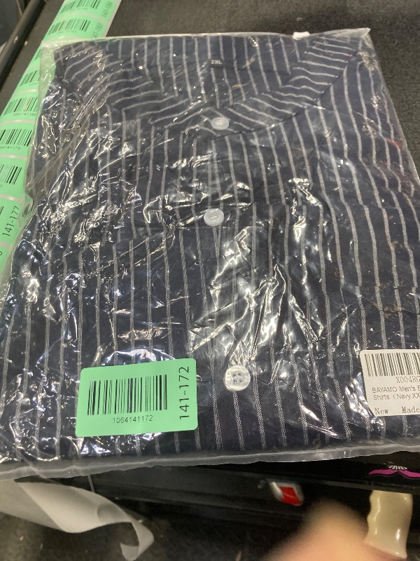 Photo 1 of ?Men's Banded Collar Stripe Shirt, Linen Cotton Mandarin Collar Long Sleeve Button Down Shirts Collarless Tops with Pocket for Casual & Business (Navy XXL)