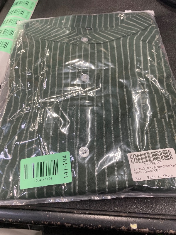 Photo 1 of ?Men's Banded Collar Stripe Shirt, Linen Cotton Mandarin Collar Long Sleeve Button Down Shirts Collarless Tops with Pocket for Casual & Business (Green XXL)