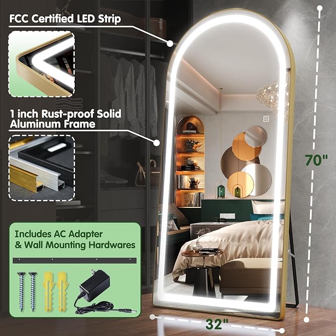 Photo 1 of **The light is not working**FENNIO Full Length Mirror with Lights, 70"x32" LED Full Body, Free Standing Lighted Floor Mirror, Wall Mounted Hanging Mirror for Bedroom, Salon, 3-Color Lighting, Tempered Glass