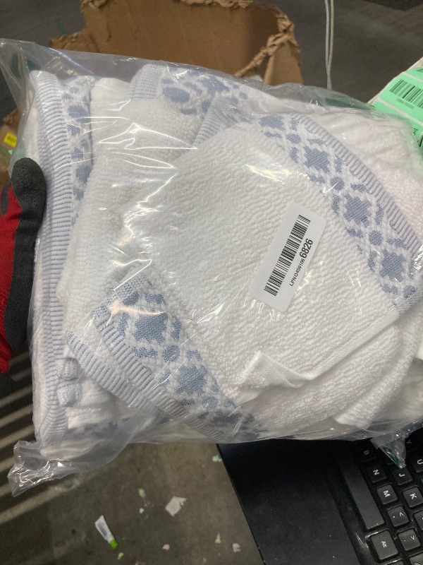 Photo 1 of ***used***100% Turkish Cotton Luxury Towel Set | Super Soft and Highly Absorbent | Textured Dobby Border | 550 GSM | 2 Bath Towels, 2 Hand Towels, & 2 Washcloths | Nitra Collection (White / Denim Blue) 