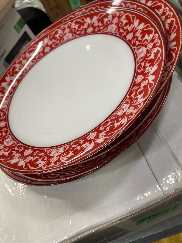 Photo 1 of ***MISSING PIECES -SELLING AS INCOMPLETE*** Hioasis  Red Plastic Plates Set - Floral Red & White Porcelain Design, 10.25" Dinner & 7.5" Dessert Plates Disposable for Christmas (Dishwasher Safe, Art Style)