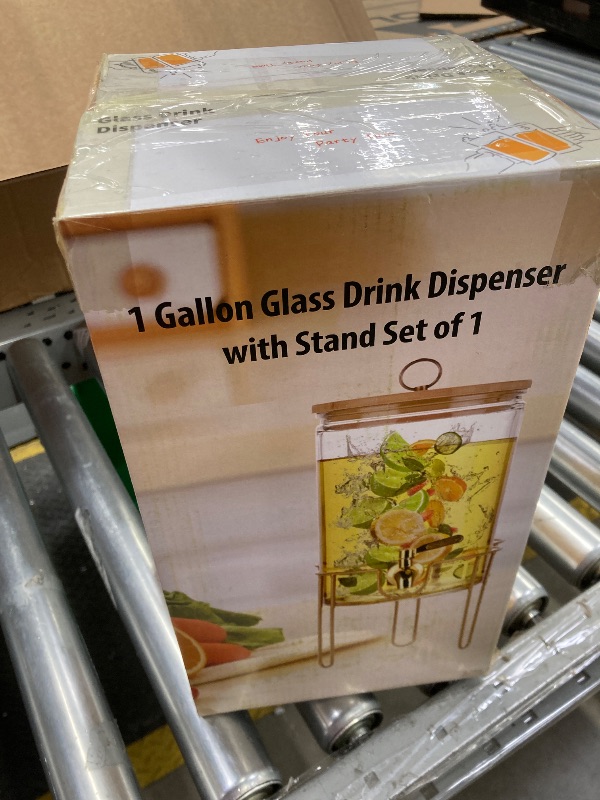 Photo 1 of 1 Gallon Drink Dispenser, Glass Beverage Dispenser With Stand,Juice Containers with Lid for Party,Drink Dispensers for Parties With Spigot for Lemonade/Soda/Tea