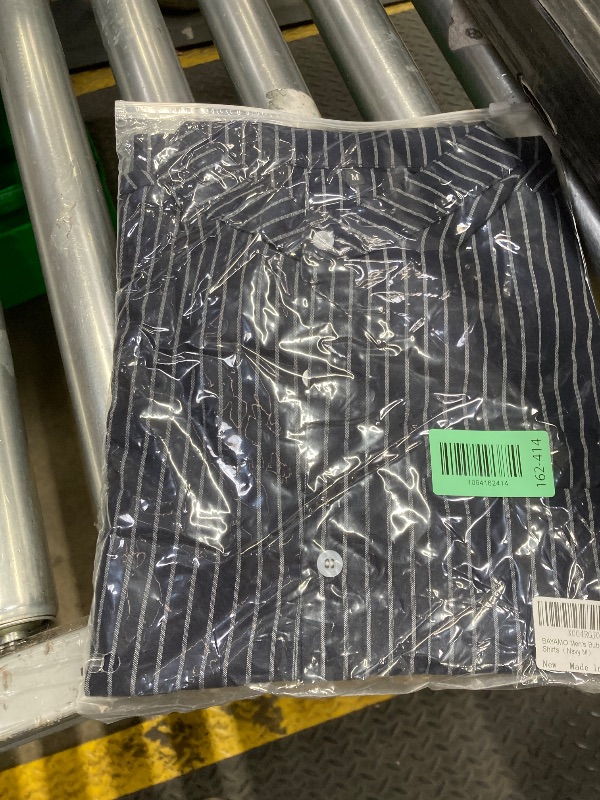 Photo 1 of ?Men's Banded Collar Stripe Shirt, Linen Cotton Mandarin Collar Long Sleeve Button Down Shirts Collarless Tops with Pocket for Casual & Business (Navy M)