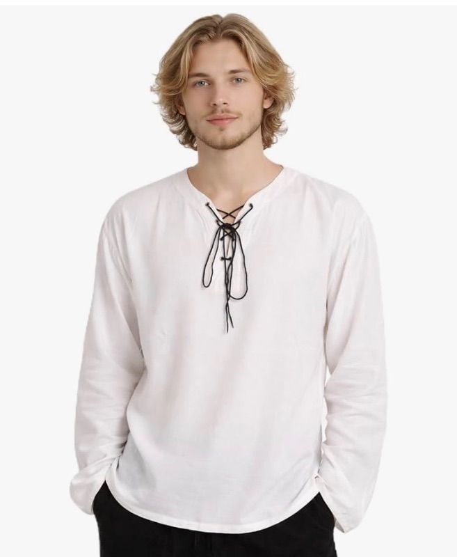 Photo 1 of ?Men's Banded Collar Stripe Shirt, Linen Cotton Mandarin Collar Long Sleeve Button Down Shirts Collarless Tops with Pocket for Casual & Business (Navy L)