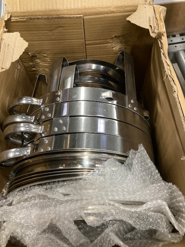 Photo 1 of ***MISSING SOME HANDLES***Chafing Dish Buffet Set 4 Pack: TINANA 5QT Stainless Steel Chafing Dishes for Buffet with Glass Lid & Lid Holder, Round Chafers and Buffet Warmers Sets for Parties, Events, Wedding, Camping, Dinner***MISSING SOME HANDLES**