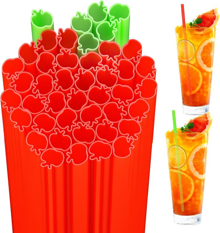 Photo 1 of 100 Pcs Apple Shape Plastic Straws 9 Inch Red Green Drinking Straw Apple Disposable Plastic Straws for Birthday Back to School Party Favor Supplies
