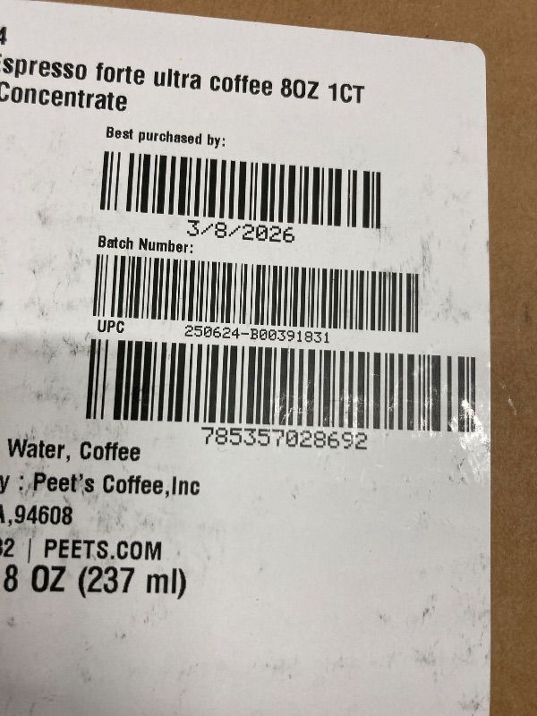 Photo 1 of **BB 3/8/26**Peet's Coffee, Ultra Coffee Concentrate, Instant Hot, Cold Brew, or Iced Coffee, 100% Arabica Coffee - Espresso Forte, 8 Fluid Ounce Bottle (16 Servings)