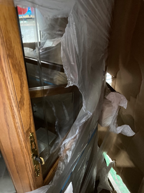 Photo 1 of **MISSING ONE BOTTOM GLASS ON SIDE DOOR/NO SHELVES/BASE HAS MINOR SEPERATION-SEE PICS***Howard Miller Jamestown II Corner Curio Cabinet 680-250 – Oak Yorkshire Finish Home Decor, Seven Glass Shelves, Eight Level Display Case, Locking Front Door & Halogen 