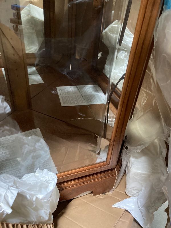 Photo 1 of **MISSING ONE BOTTOM GLASS ON SIDE DOOR/NO SHELVES/BASE HAS MINOR SEPERATION-SEE PICS***Howard Miller Jamestown II Corner Curio Cabinet 680-250 – Oak Yorkshire Finish Home Decor, Seven Glass Shelves, Eight Level Display Case, Locking Front Door & Halogen 